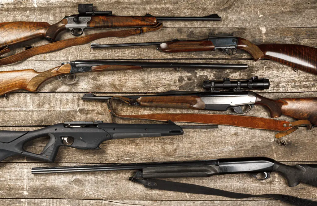 Hunting rifles and shotguns displayed on a table, representing non-restricted firearms available in Canada with a valid gun licence