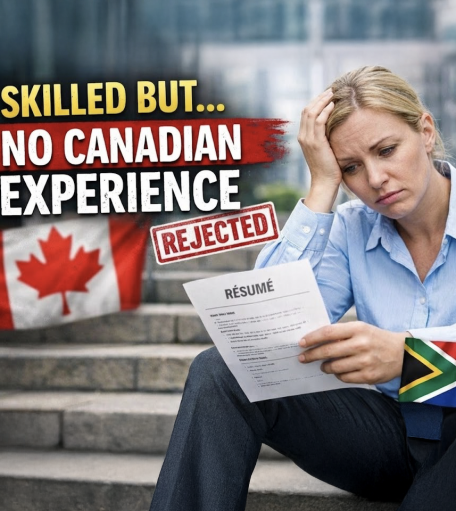 Skilled South African immigrant woman in Canada reviewing a résumé after job rejection due to lack of Canadian work experience.